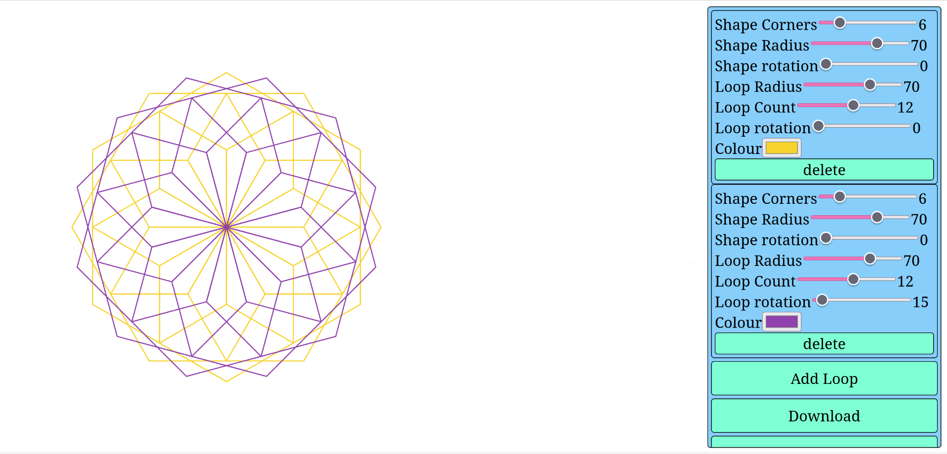 A screen shot of the circle shape thing. Some geometric shapes on the left and a load of controls on the right