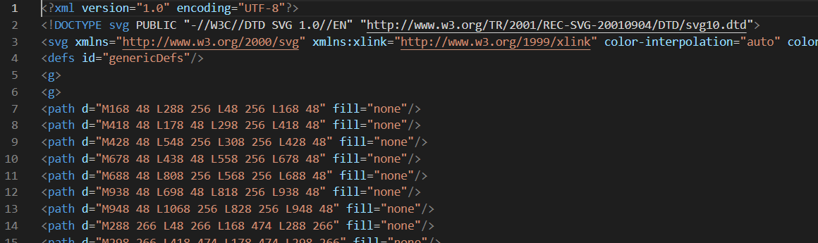 A screen shot of the internal xml structure of a SVG file.